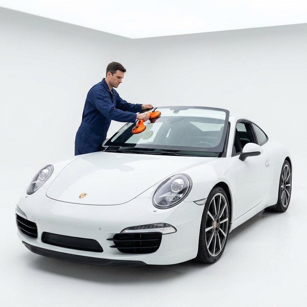 Red Porsche 911 at Windshield Doctor auto glass shop